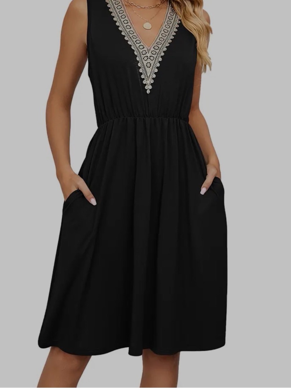 Sleeveless Black CottenDress with Cream Lace V-Neck & Pockets
